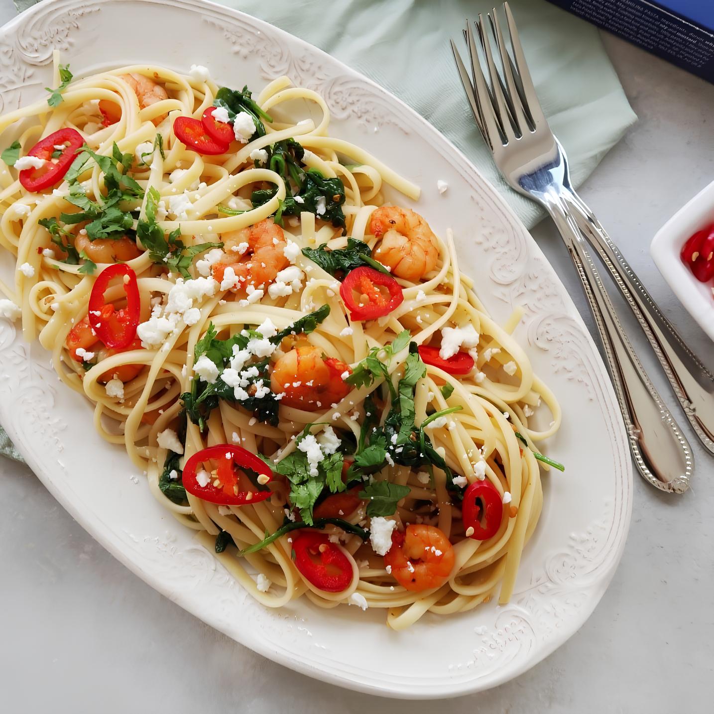 Баветтине с креветками и шпинатом